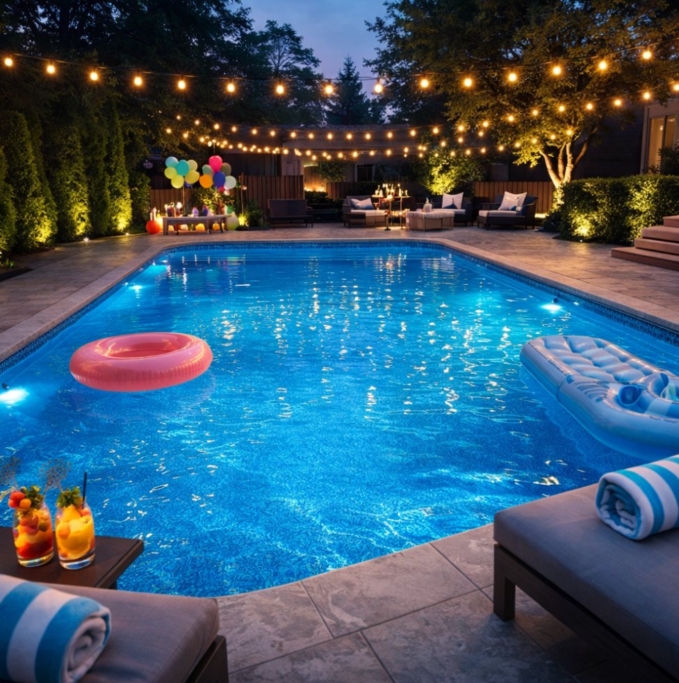 Pool party prep - illuminated pool at night